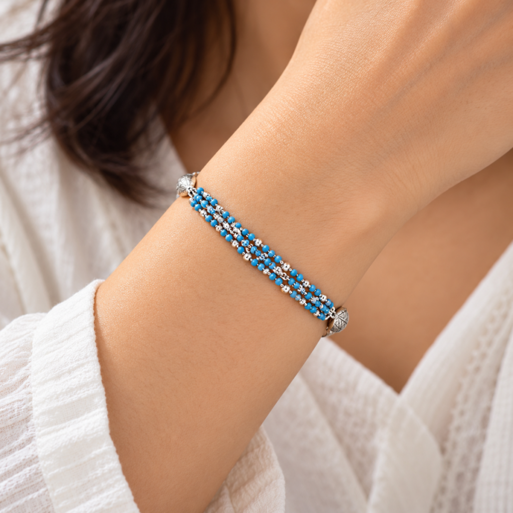 Blue and White Beaded String Bracelet