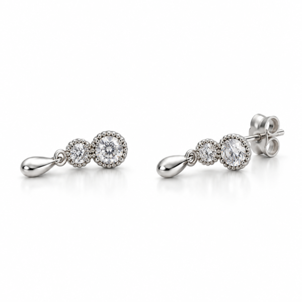 Silver two-stone stud earrings with polished teardrop charm, front and angled views with back lock