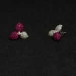 Leaf Shaped Silver Earrings with Pink Diamonds