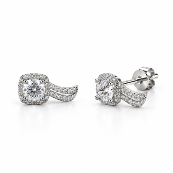 N0016 silver clear-stone halo wave stud earrings, front and angled views with back lock