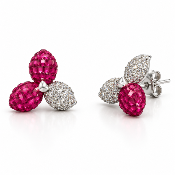 N0021 silver leaf stud earrings with two pink stones and pavé leaf, front and angled views with back lock