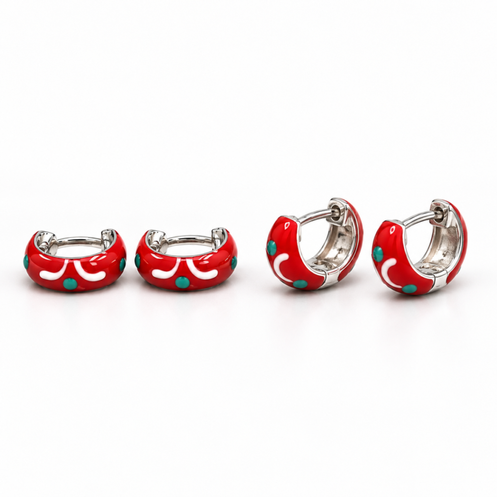 N006 Silver Baali with Mina Designing earrings front and angled view with red mina enamel hoop lock
