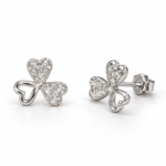 N010 silver three-heart flower stud earrings with clear stones, front and angled views with back lock