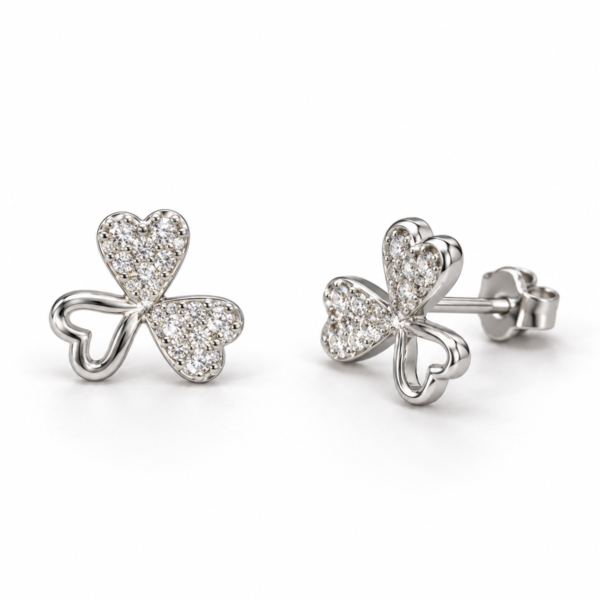 N010 silver three-heart flower stud earrings with clear stones, front and angled views with back lock
