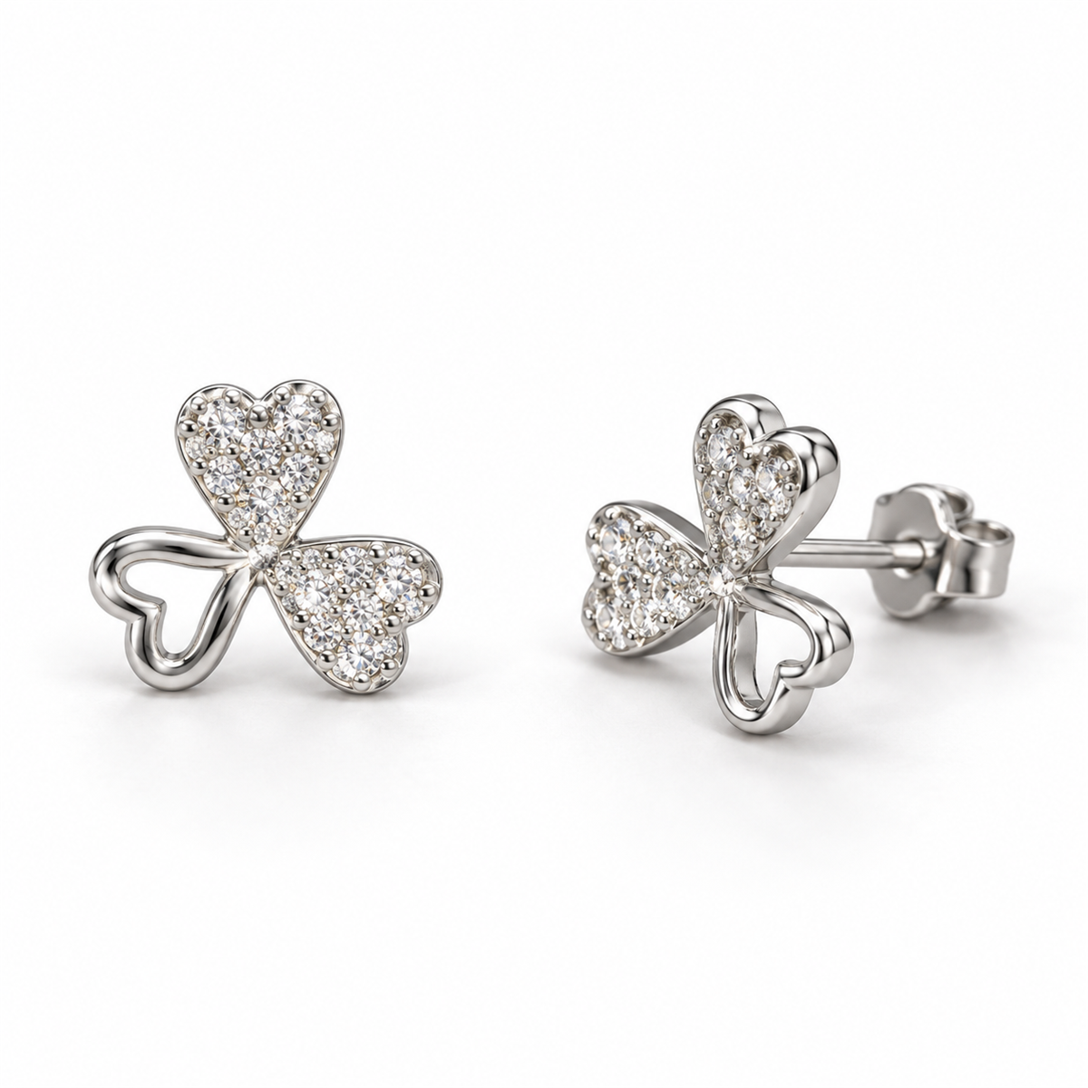 N010 silver three-heart flower stud earrings with clear stones, front and angled views with back lock
