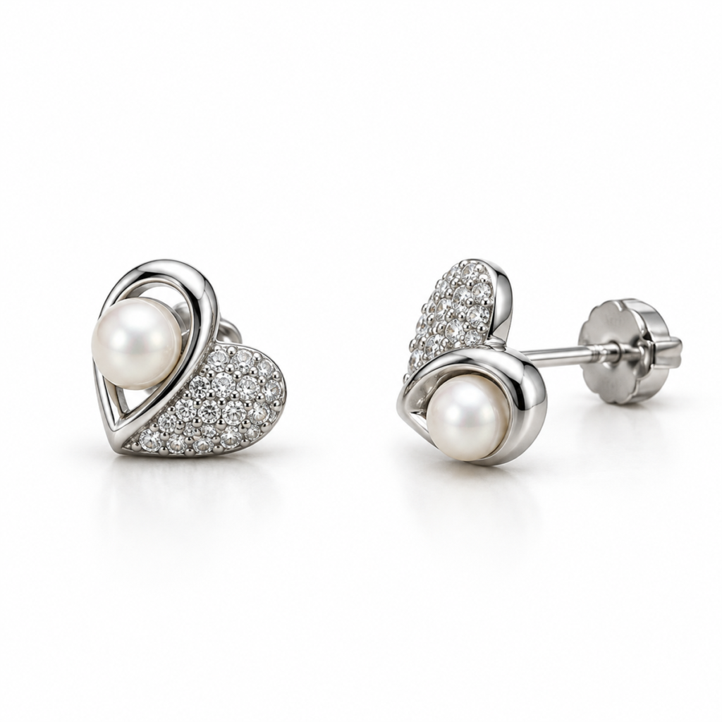 N011 silver heart stud earrings with pearl and clear stones, front and angled views with back lock