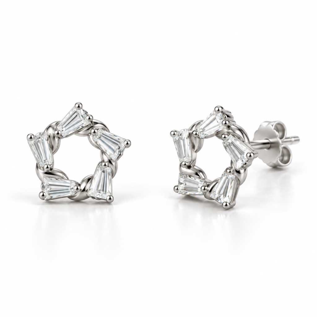 N015 silver open-circle baguette-stone stud earrings, front and angled views with back lock