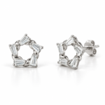 N015 silver open-circle baguette-stone stud earrings, front and angled views with back lock