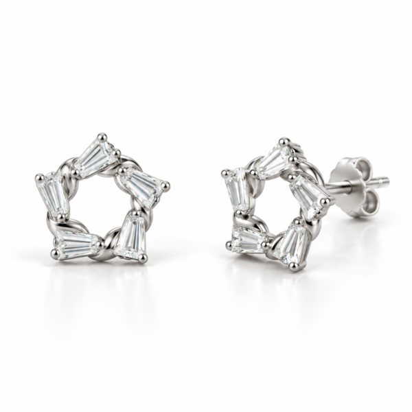 N015 silver open-circle baguette-stone stud earrings, front and angled views with back lock