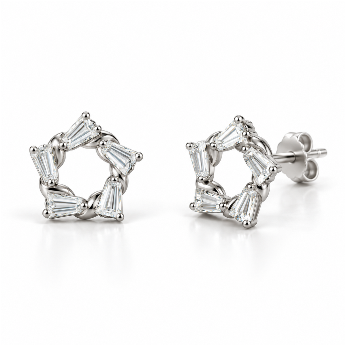 N015 silver open-circle baguette-stone stud earrings, front and angled views with back lock