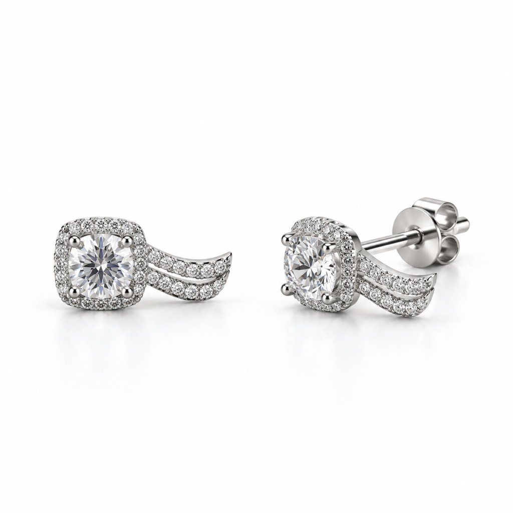 N016 silver clear-stone halo wave stud earrings, front and angled views with back lock