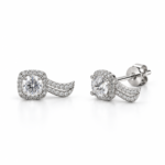 N016 silver clear-stone halo wave stud earrings, front and angled views with back lock
