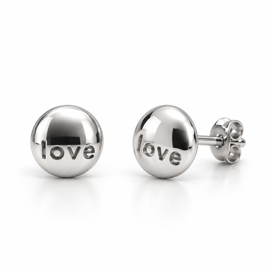 N017 polished silver love dome stud earrings, front and angled views with back lock