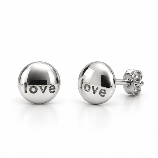 N017 polished silver love dome stud earrings, front and angled views with back lock