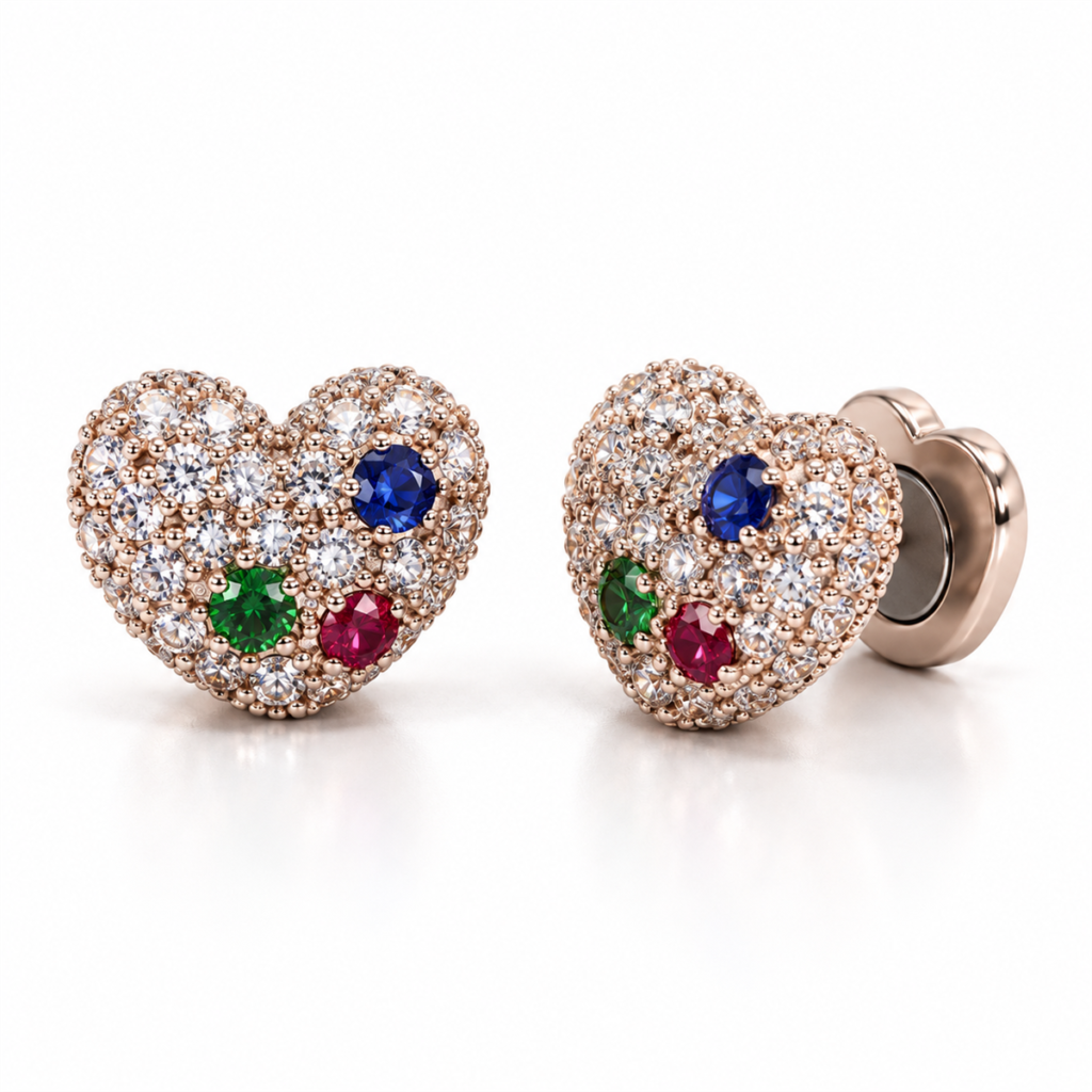 N020 rose silver heart magnetic earrings front and angled view with magnetic closure