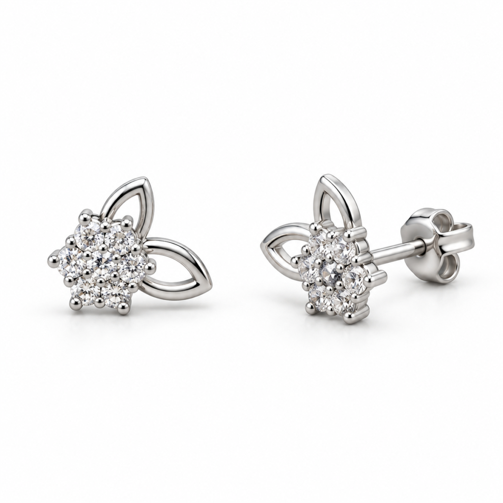 N021 silver clear-stone flower stud earrings with open leaf petals, front and angled views with back lock