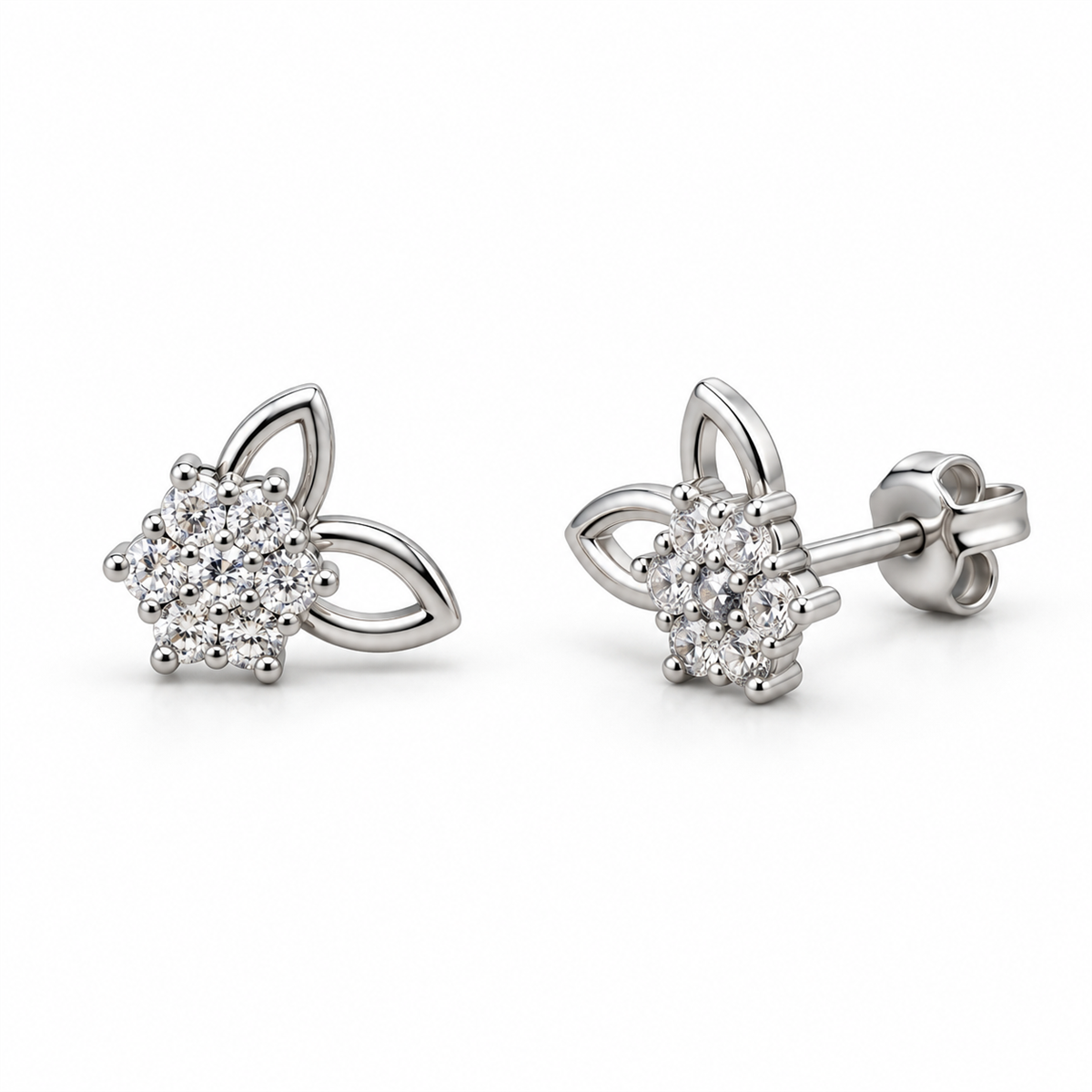 N021 silver clear-stone flower stud earrings with open leaf petals, front and angled views with back lock