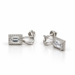 N023 Silver Earrings with Diamond Studs front and angled view with rectangular diamond and leverback lock
