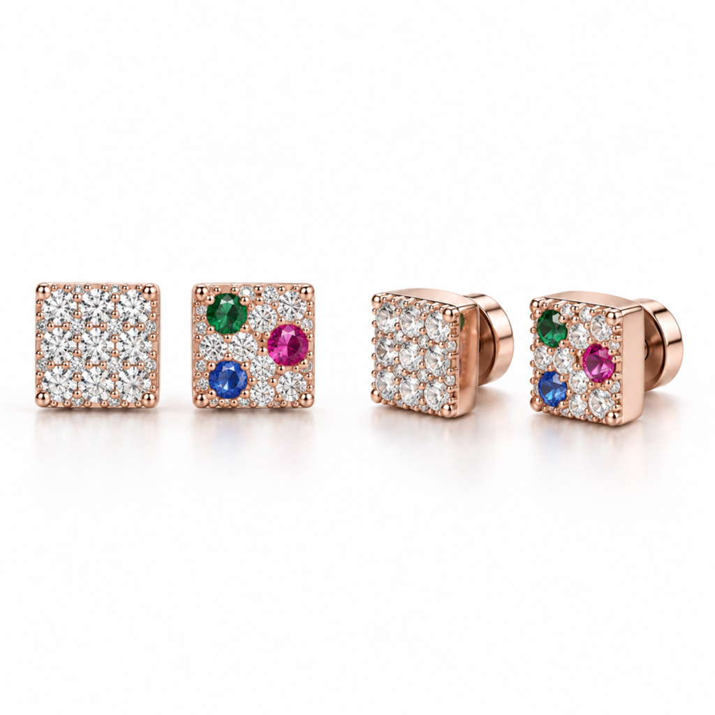 N024 rose silver square magnetic earrings front and angled view with magnetic closure