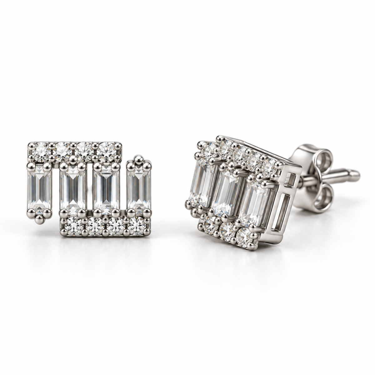 N09 Silver Earrings Studded With Diamonds front and angled view with baguette stones and silver post lock