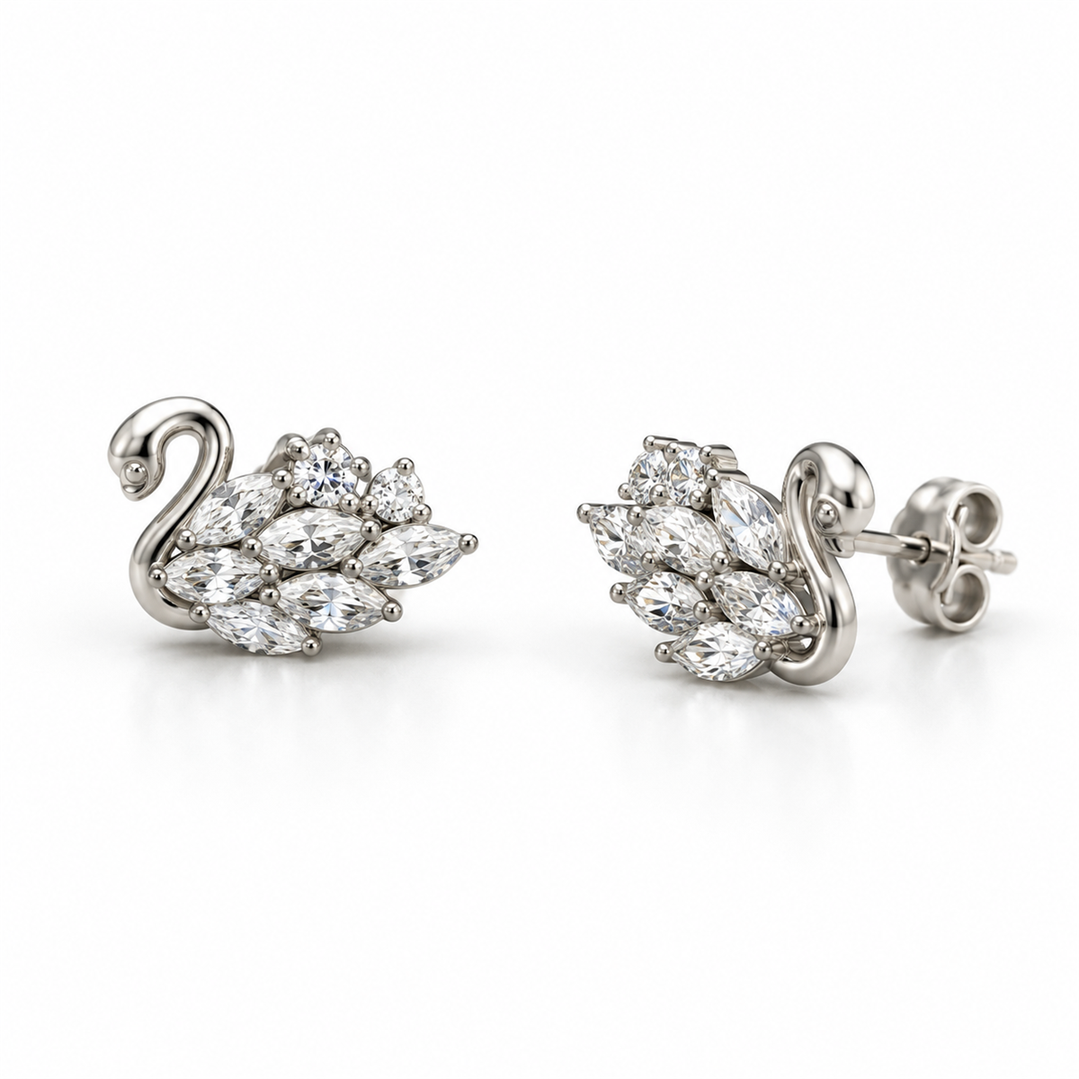 Swan silver earrings N022, front and angled views with visible back lock