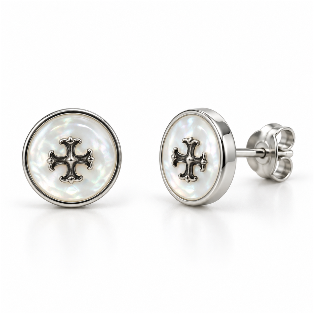 EES0001 silver mother-of-pearl round stud earrings with dark cross motif, front and angled views with back lock