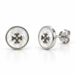 EES0001 silver mother-of-pearl round stud earrings with dark cross motif, front and angled views with back lock