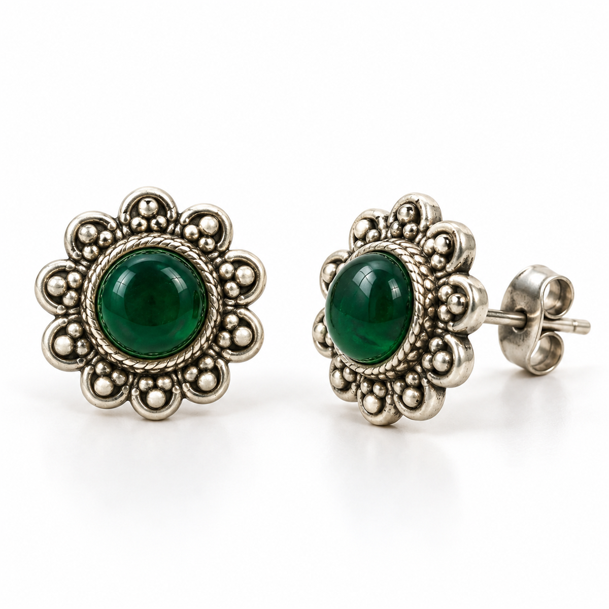 Rajwadi emerald silver earrings front and angled view with back lock