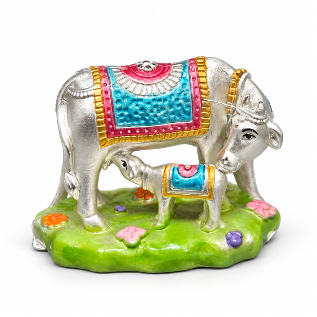 Silver Cow and Cub Figurine