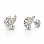 EES0011 silver bird stud earrings with clear stone wings, front and angled views with back lock