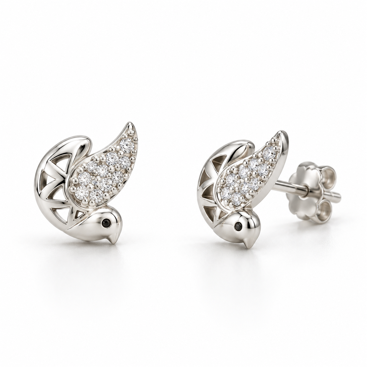 EES0011 silver bird stud earrings with clear stone wings, front and angled views with back lock