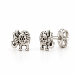 EES0012 silver elephant stud earrings, front and angled views with back lock on white