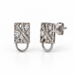 Rectangular silver loop earrings with clear stones, front and angled views with back lock