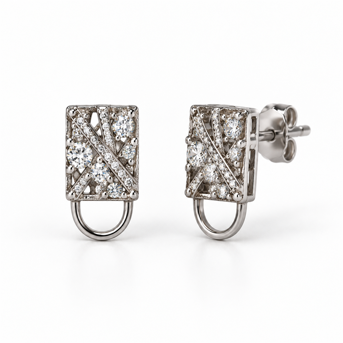 Rectangular silver loop earrings with clear stones, front and angled views with back lock