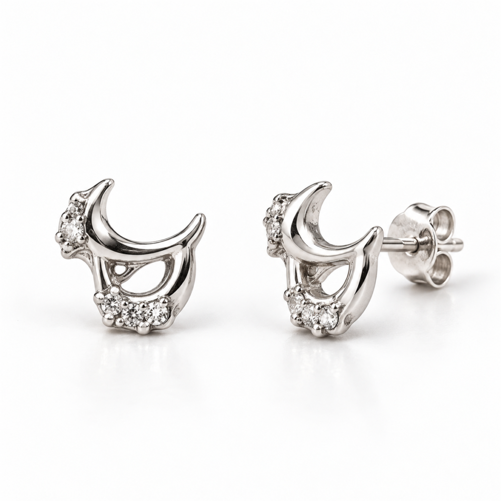 EES0021 curved openwork silver stud earrings, front and angled views with attached back lock