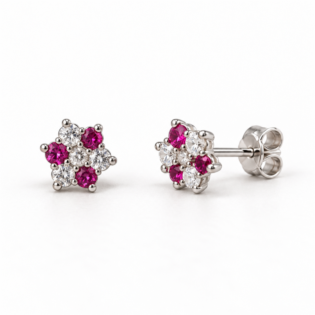 EES0024 pink and clear stone flower cluster silver studs, front and angled views with back lock