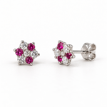 EES0024 pink and clear stone flower cluster silver studs, front and angled views with back lock