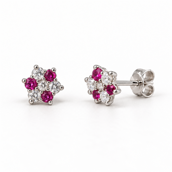 EES0024 pink and clear stone flower cluster silver studs, front and angled views with back lock