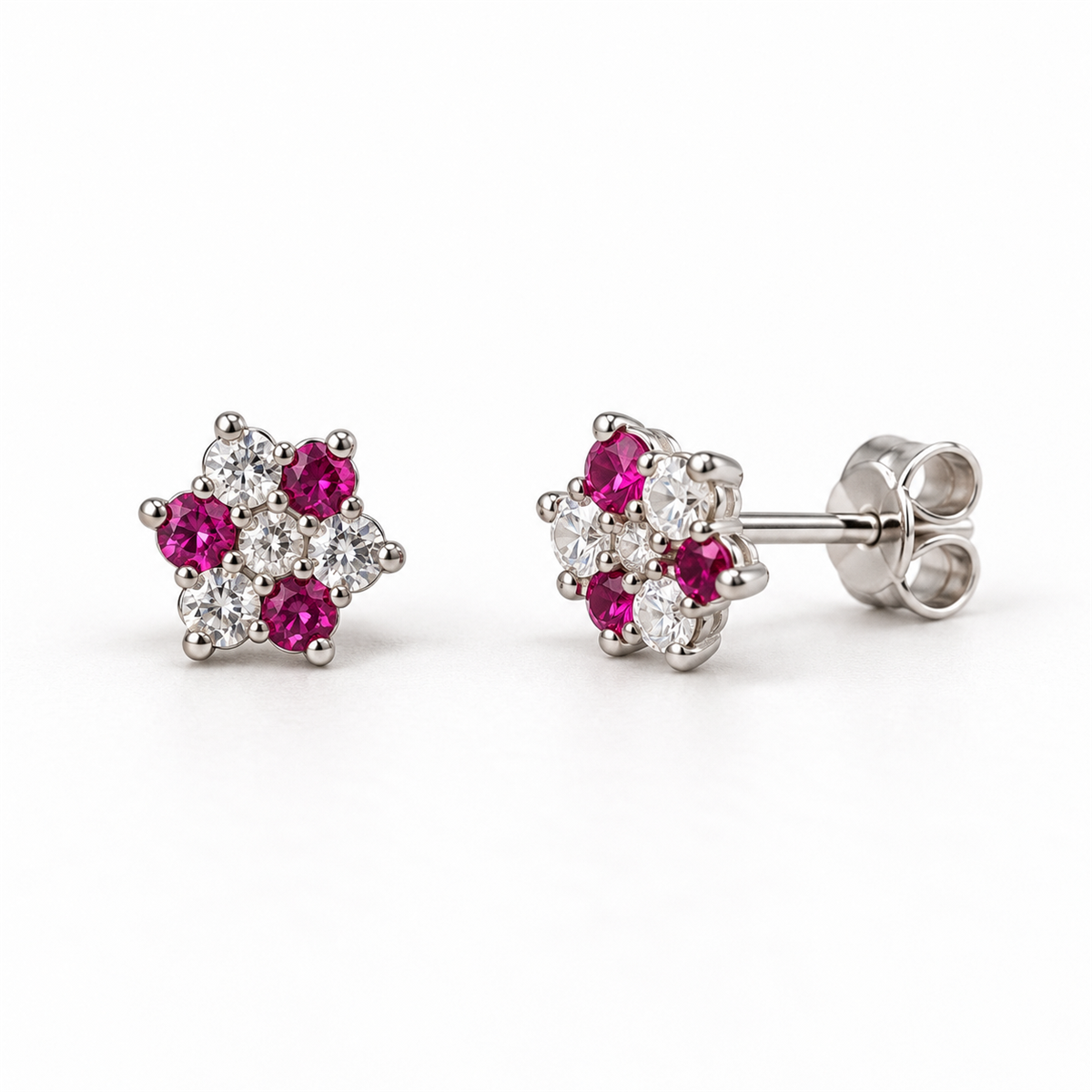 EES0024 pink and clear stone flower cluster silver studs, front and angled views with back lock