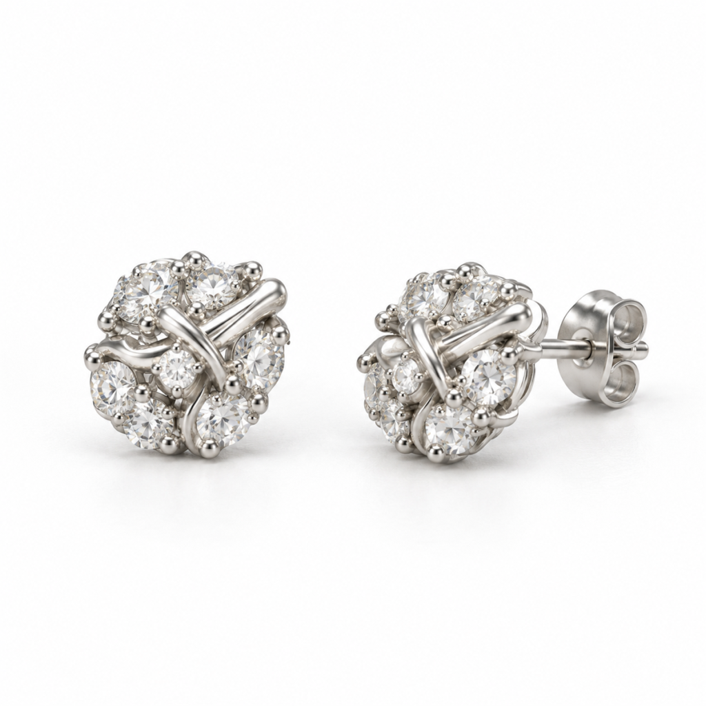 EES0027 silver cluster stud earrings, front and angled views with back lock on white