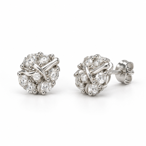 EES0027 silver cluster stud earrings, front and angled views with back lock on white