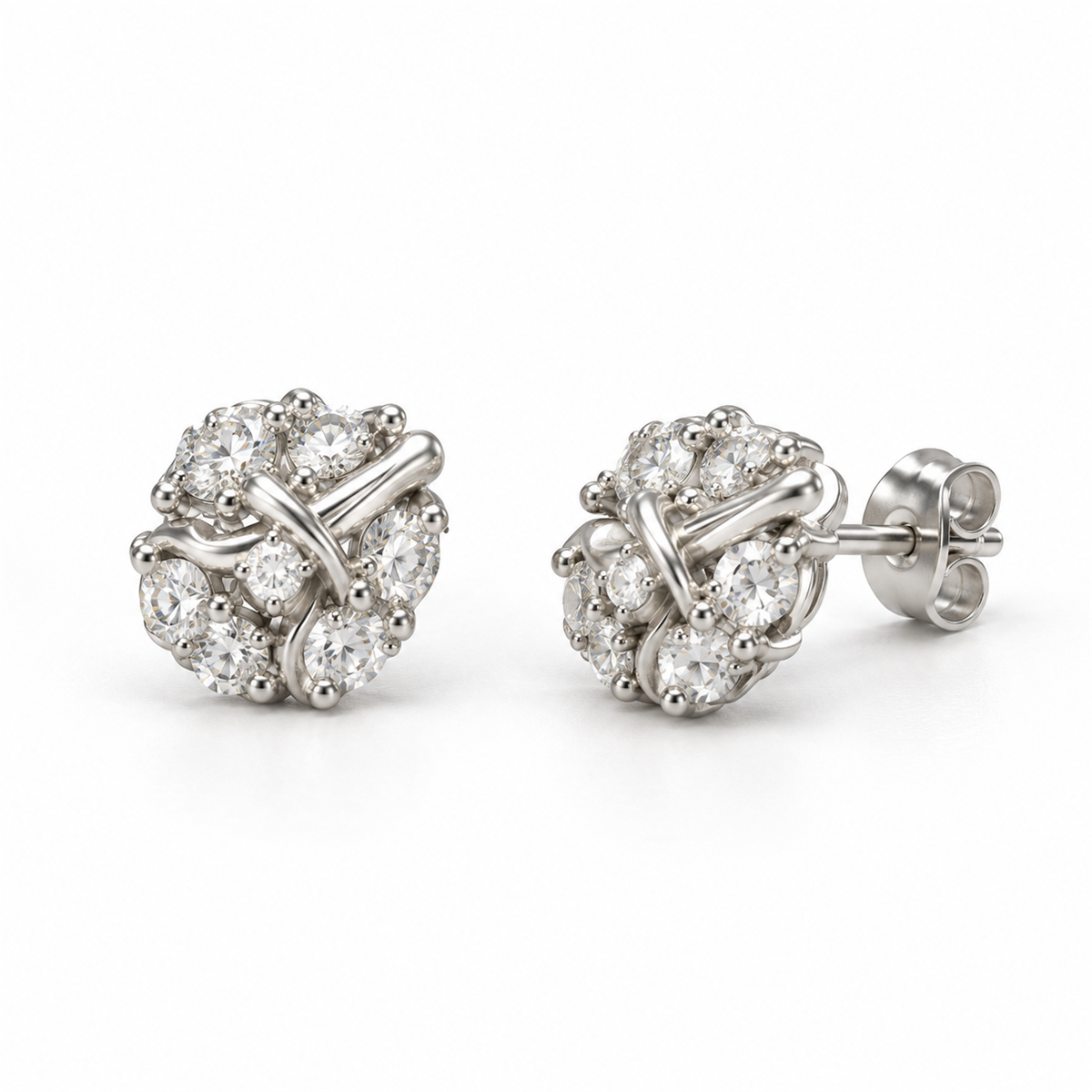 EES0027 silver cluster stud earrings, front and angled views with back lock on white