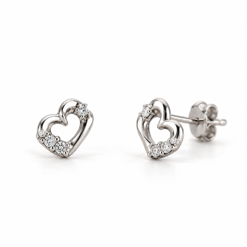 Silver heart stud earrings EES0020, front and angled views showing the back lock