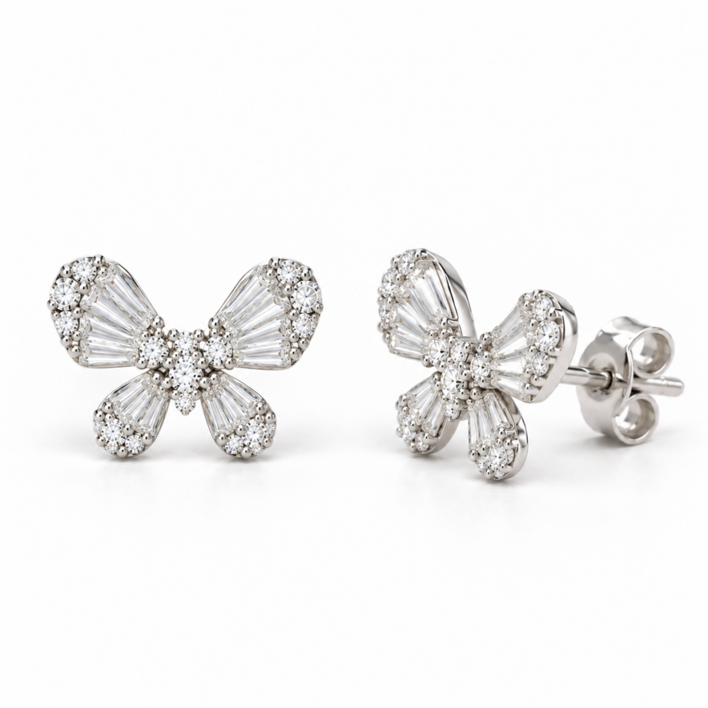 Butterfly effect EES0034 silver butterfly stud earrings with clear stones, front and angled views with back lock