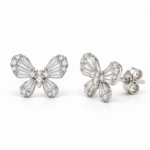 Butterfly effect EES0034 silver butterfly stud earrings with clear stones, front and angled views with back lock