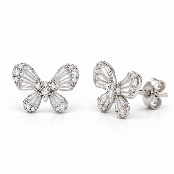 Butterfly effect EES0034 silver butterfly stud earrings with clear stones, front and angled views with back lock