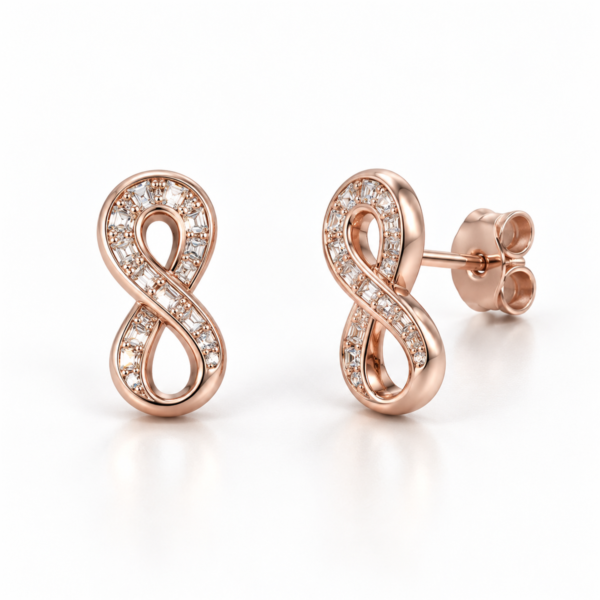 Miss infinity rose silver earrings front and angled view with back lock