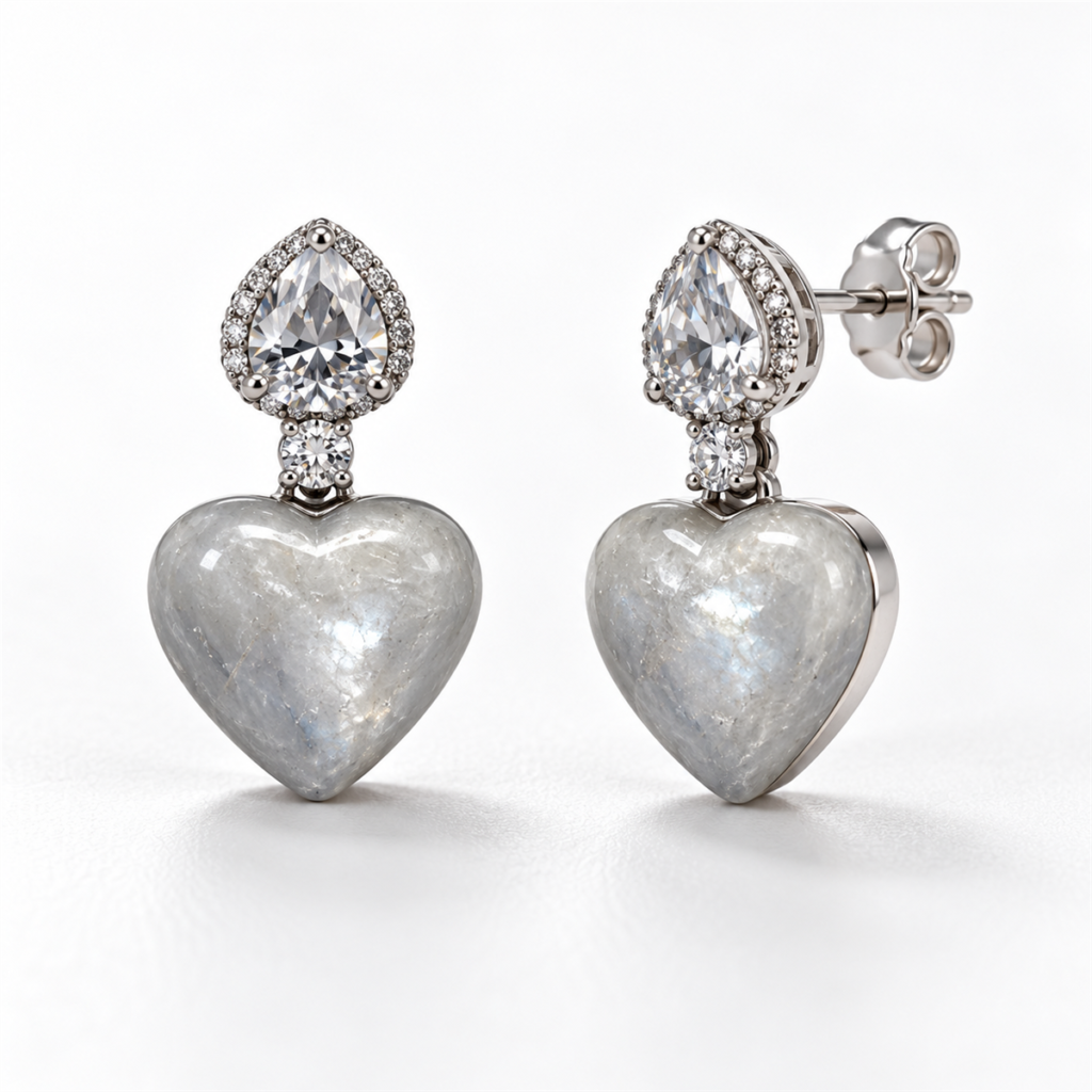 Moon pie silver heart gemstone earrings front and angled view with back lock
