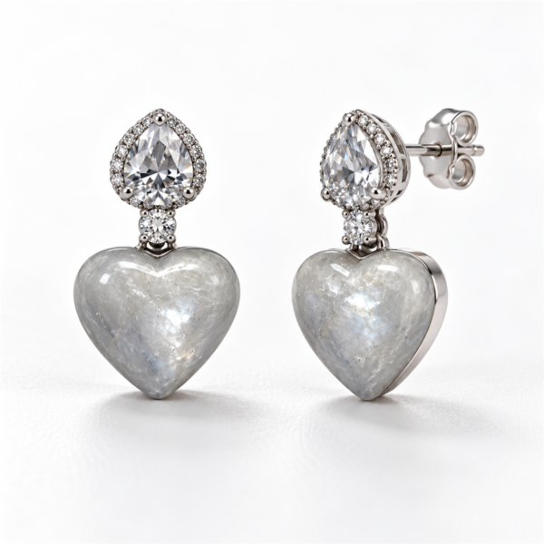 Moon pie silver heart gemstone earrings front and angled view with back lock