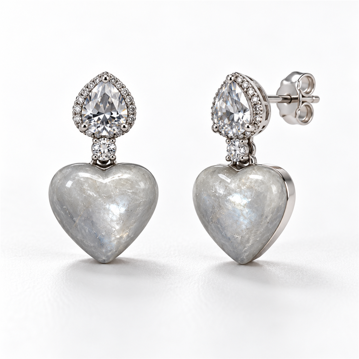 Moon pie silver heart gemstone earrings front and angled view with back lock